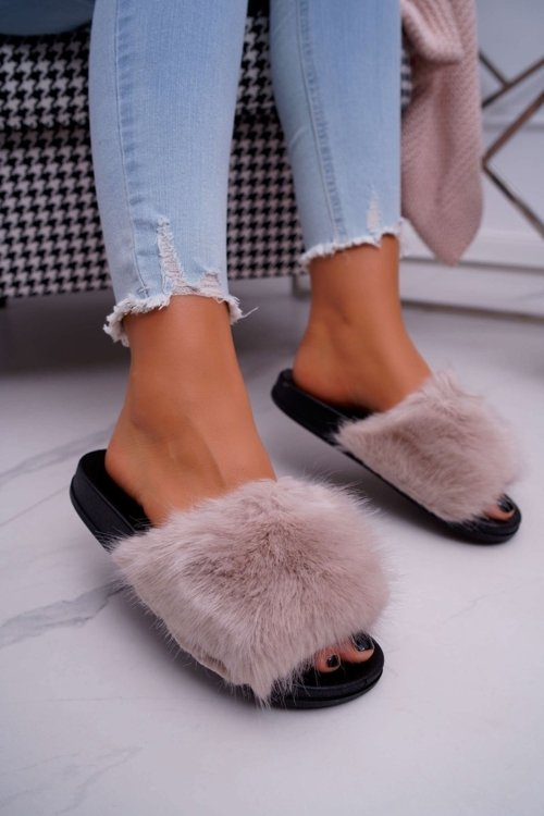 Women's Flip Flops with Fur Beige NiceFur