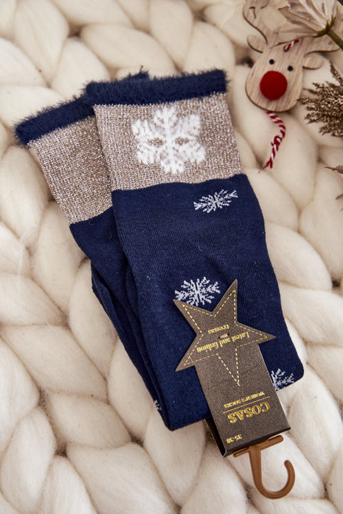 Damen Socken Lang Mit Schneebällen Marineblau